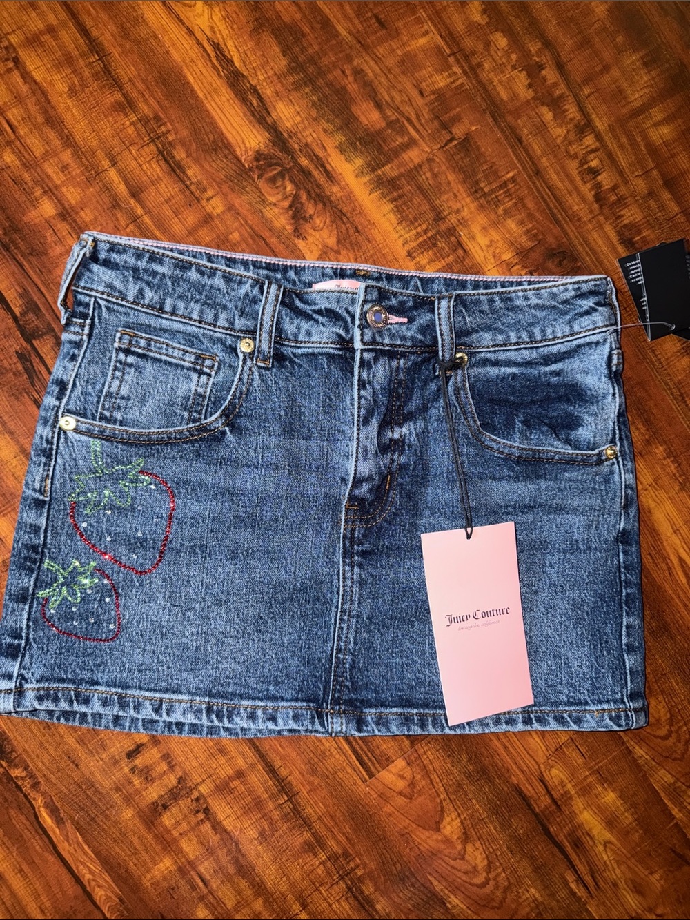 Juicy Couture Denim Mini Skirt with Red Strawberry Embroidery